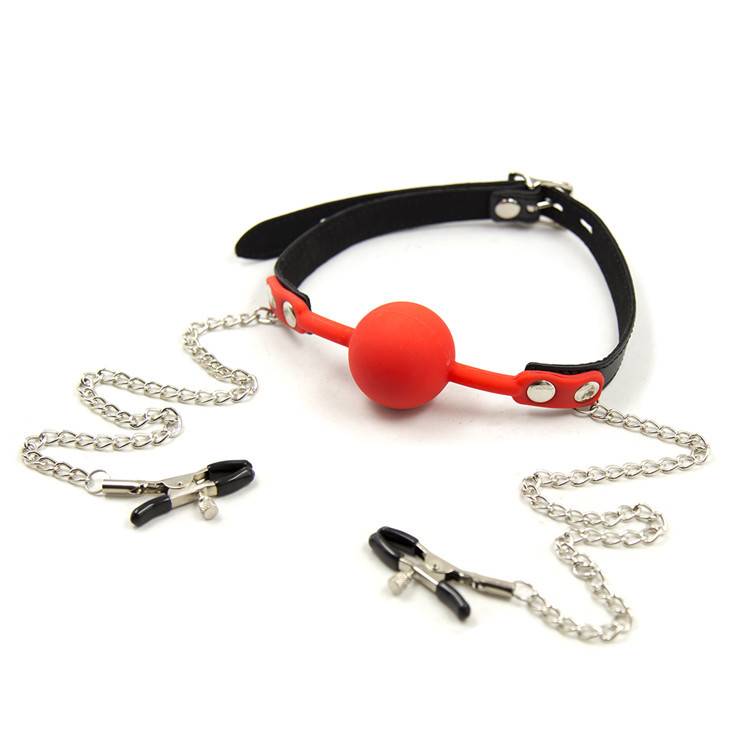 

bdsm mouth torture silicone ball gag stopper with nipple clamps tits clips bondage gear adult sex toys for women red pink black GN222002054