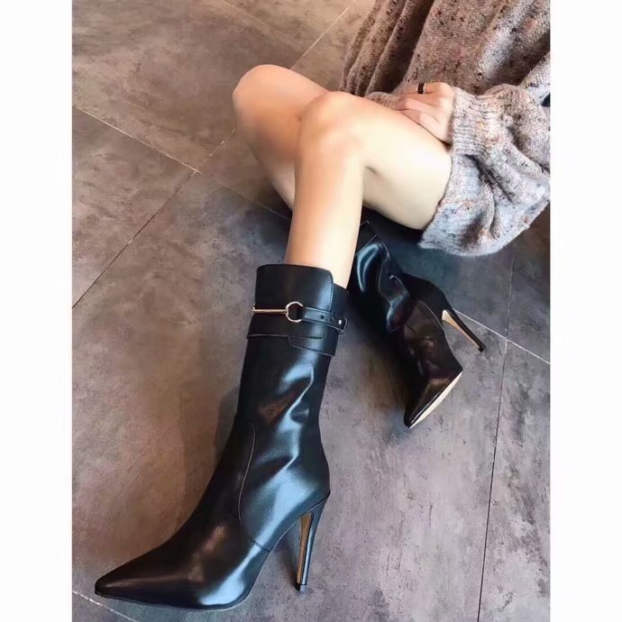 

Brand Luxury Womens Half High Thin Heel Pointed Toes Mid-calf Booties Ladies Knight Cow leather Boots Size 35-40 [Original Box], With brand logo