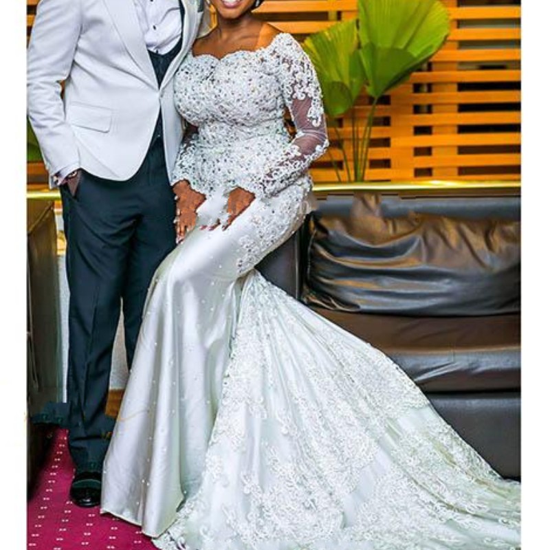 New South Arfain Arabic Wedding Dresses Bateau Long Sleeve Lace Beaded Appliques Bridal Gowns Plus Size Mermaid Satin Vestidos De Noiva
