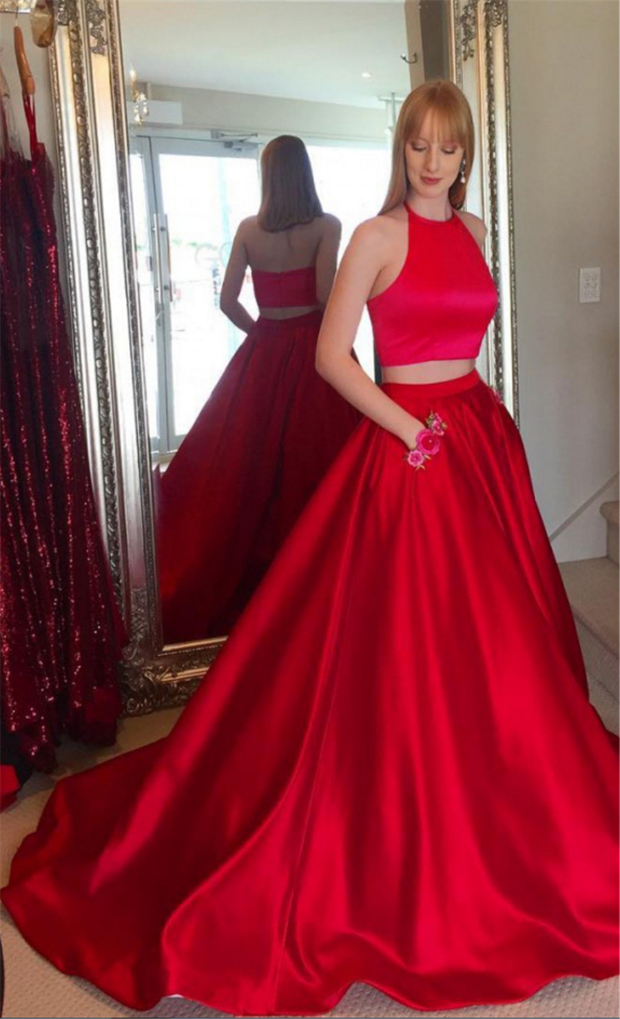 Two Piece Red Prom Dress with Pockets Halter High Neck Two Piece Satin Elegant Simple Long Satin Red Sexy Evening Gown