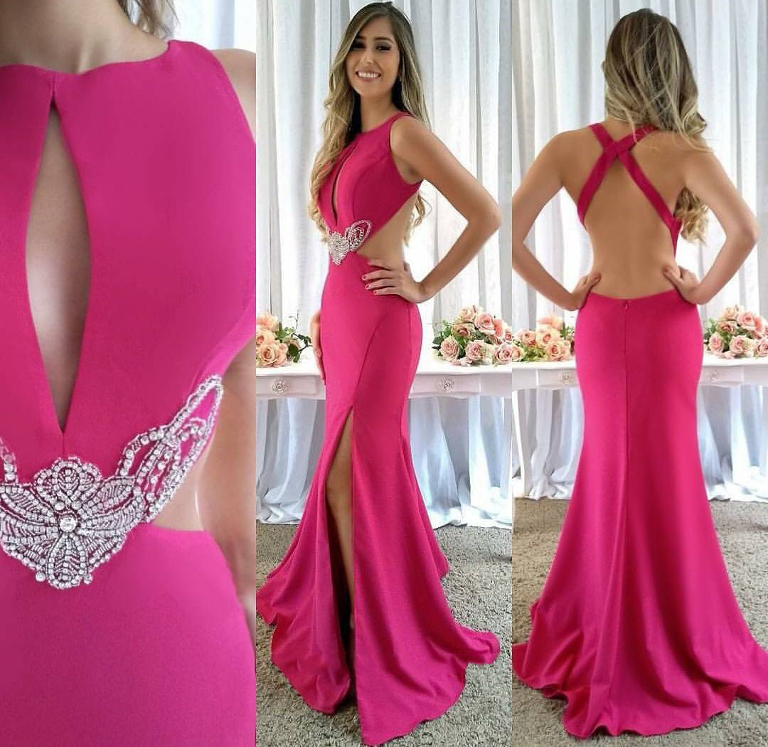 

2022 Fuchsia Long Mermaid Evening Dresses Backless Keyhole Neck Side Split Long Formal Party Prom Gowns ME089, Brown
