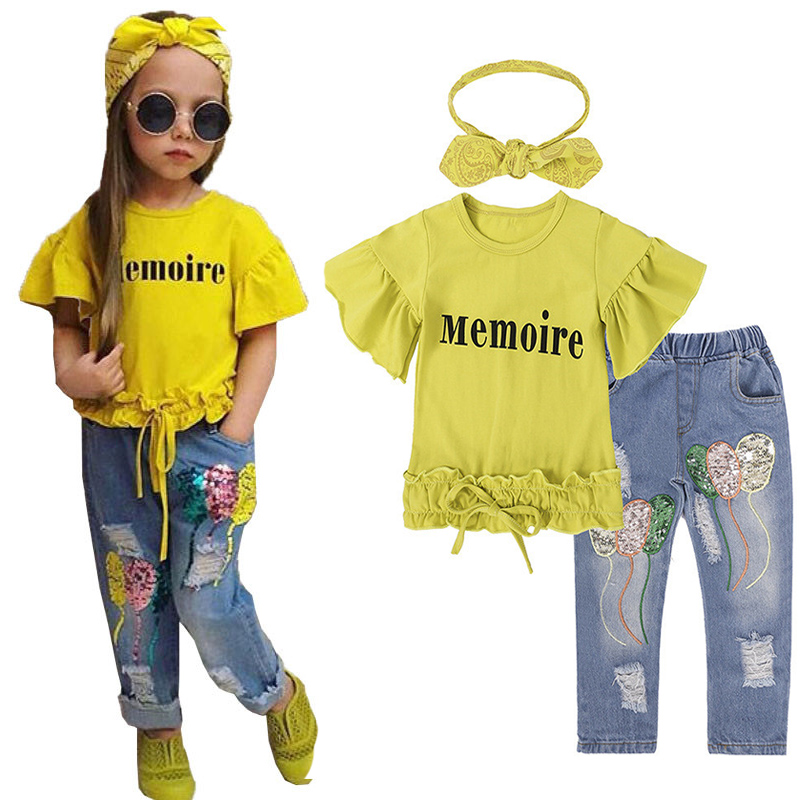 Ensembles de vêtements pour enfants pour filles, T-shirt avec lettres + pantalon en jean à paillettes + bandeau, 3 pièces, nouveau Style à la mod