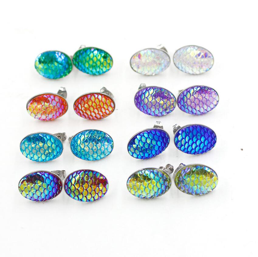 

13*18mm Oval Mermaid Fish Scale Stud Earrings Stainless Steel Earings Drusy Druzy Earrings Jewelry Women Party Gift Dress Candy Colors