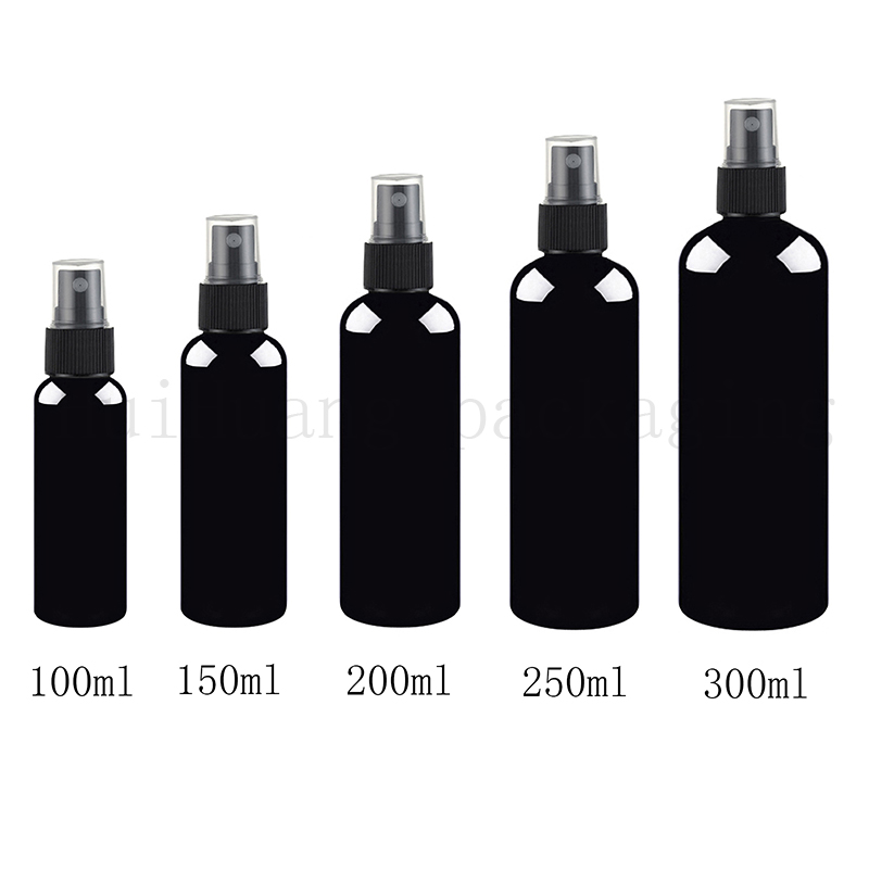 

30pcs 100/150/200/250/300ml cosmetic spray bottles for cosmetics packaging,black plastic PET container with mist sprayer pump
