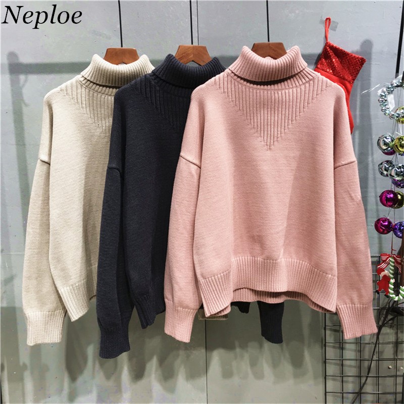Neploe 2018 Autumn Winter New Warm Sweater Solid Long Sleeve Knitted Women Tops Turtleneck Loose Casual Sueter Mujer 68050