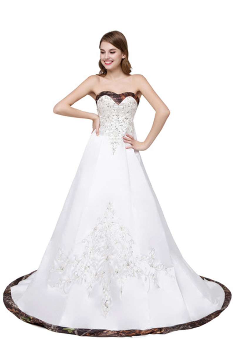 

2018 Sexy Camo Sweetheart Appliques A-Line Wedding Dresses With Sequin Button Satin Wedding Party Bridal Gowns Vestido De Novia BW21, Same as image