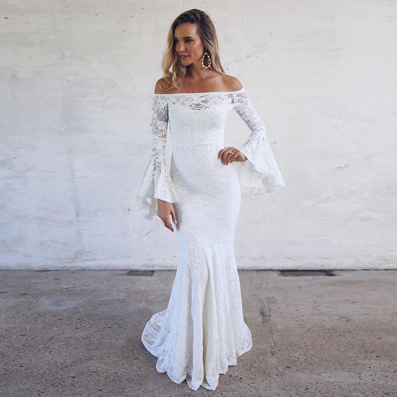

Boho Lace Wedding Dresses Mermaid Bohemian Long Flare Sleeves Off Shoulder Long Mermaid Floor Length Bridal Gowns Custom Size, Red & white
