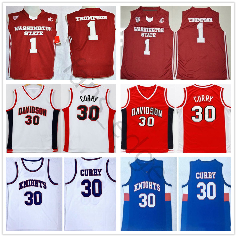

NCAA Davidson Wildcat College Stephen #30 Curry Charlotte Knights High School Basketball Jersey Klay #1 Thompson Washington State Cougars, White