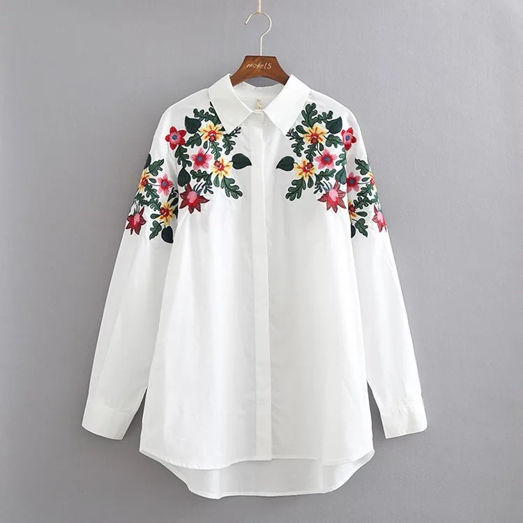 

Euro Style Women Clothes Turn Down Collar Flower Embroidery Long Sleeve Women Long Blouse Lady Fashion Elegant Top Blouse & Shirt, As picture