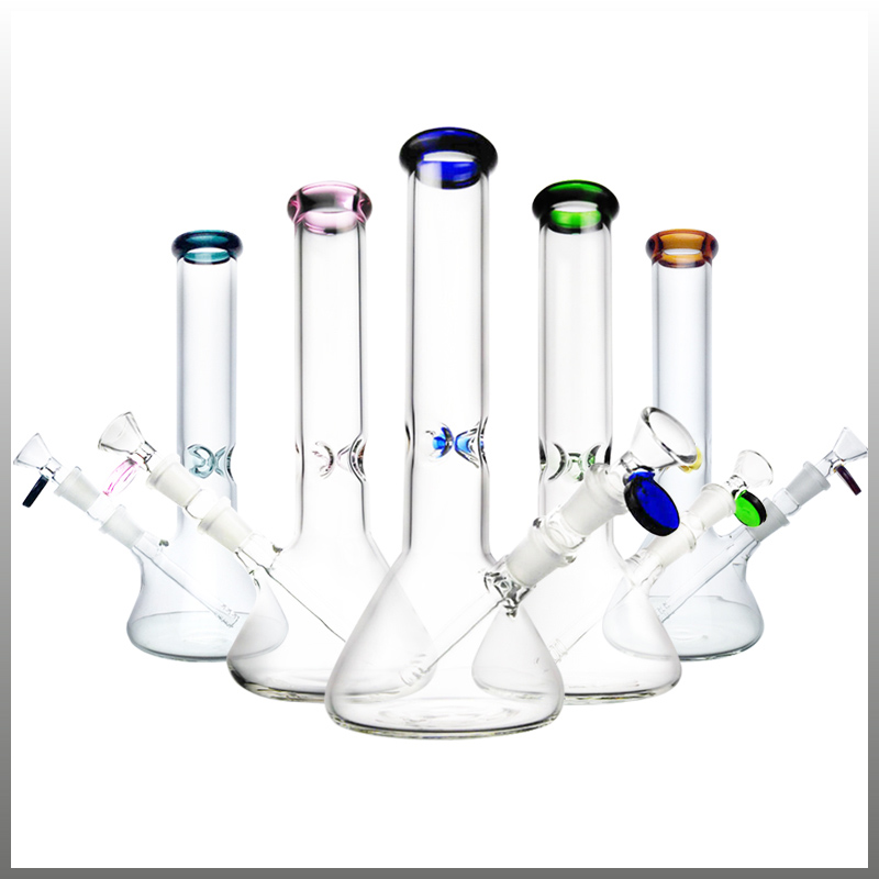 

New Design Bongs Glass Water Pipes Hookahs Pyrex Water Colorful Lips 14mm Joint Beaker Bong Oil Rigs Sand Caving Glass Bongs with Quartz Banger Color Painting Rainbow