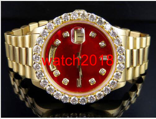 

Top Quality Luxury Watch 18K Mens Yellow Gold Day&Date 36MM Red Dial Bigger Diamond Watch 5.5CT Automatic Mechanical Men Watches New
