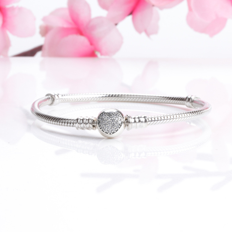 

Real S925 Sterling Silver 3mm Bangle Heart CZ Pave Bracelet fit Pandora Charms European Beads Bracelet Jewelry DIY Making 10pcs/lot
