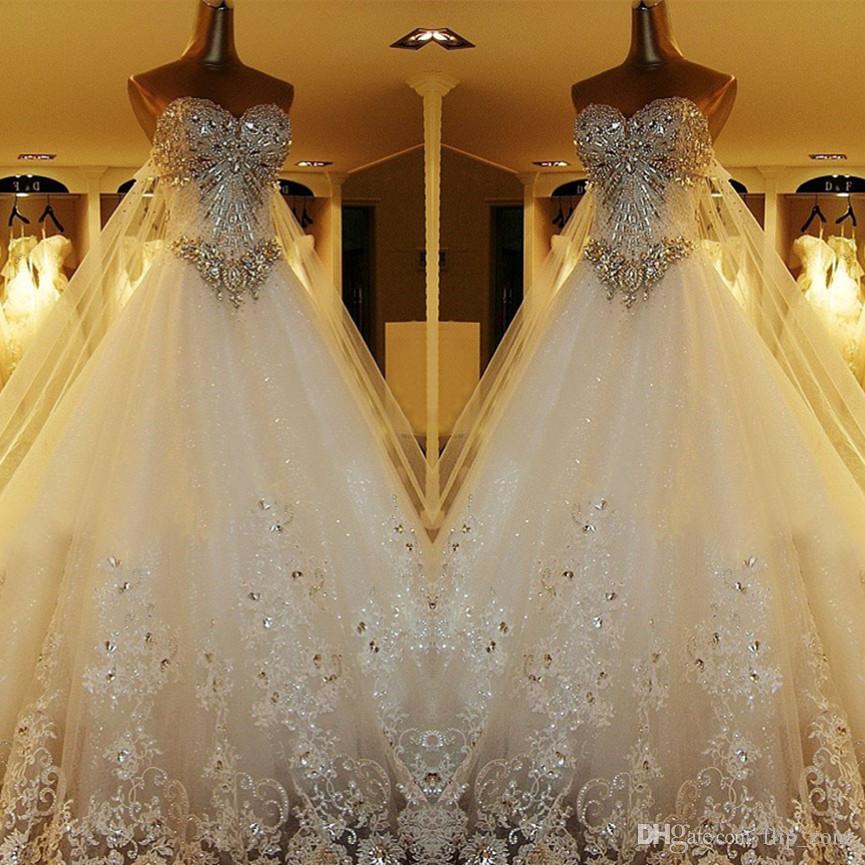 

2020 Luxury Ball Gown Wedding Dresses Sweetheart Crystal Beaded Tulle Backless Plus Size Wedding Bridal Gowns Cathedral Train Lace Up Back, Red
