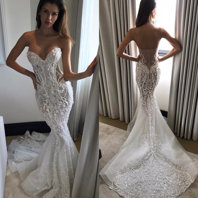 

Sexy Berta Mermaid Wedding Dresses Sweetheat robe de mariée Lace Bridal Gown With Appliques Beads Sweep Train Beach Wedding Dress Plus Size, Ivory