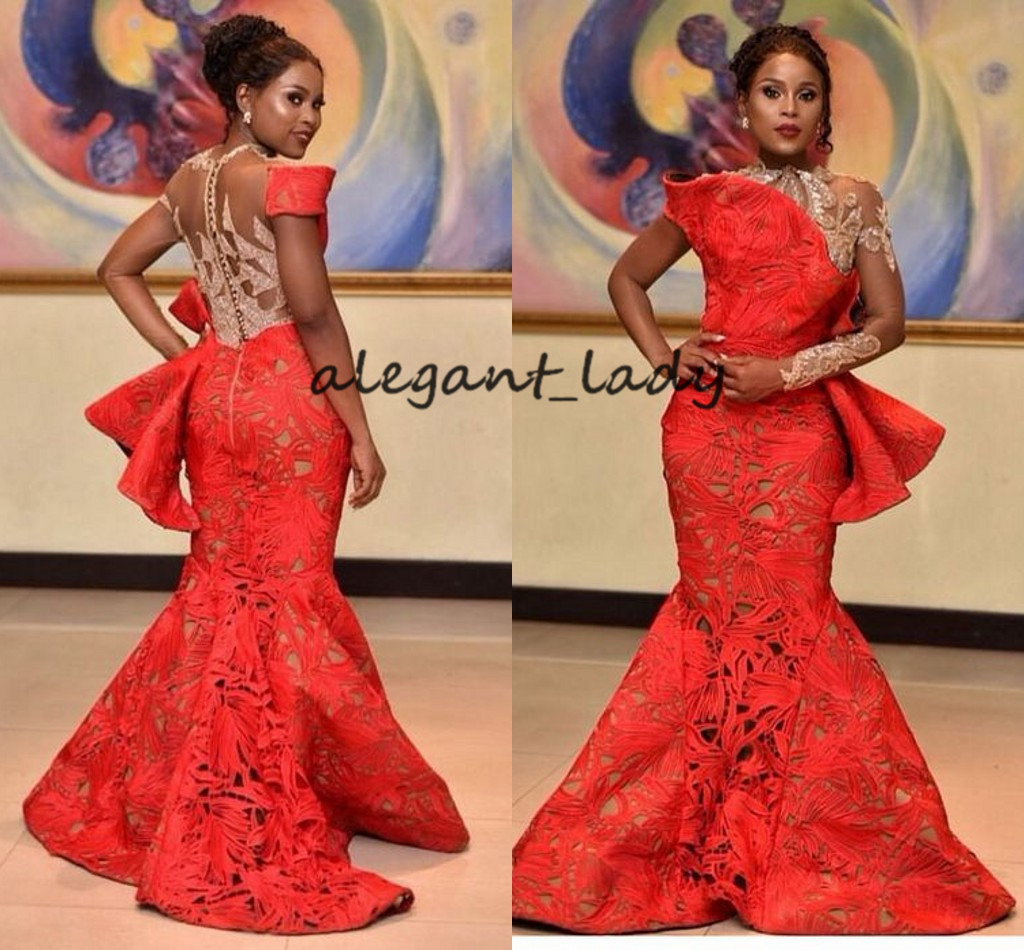 

Aso Ebi Red Lace Mermaid Evening Formal Dresses with Long Sleeve 2018 Modest Jewel Plus Size African Nigerian Trumpet Peplum Prom Gown