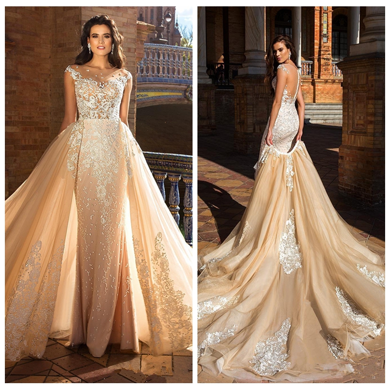 2021 Sheer Cap Short Sleeves Mermaid Wedding Dresses Lace Appliques With Detachable Train Bridal Gowns Custom Two Piece Bridal Gowns Custom