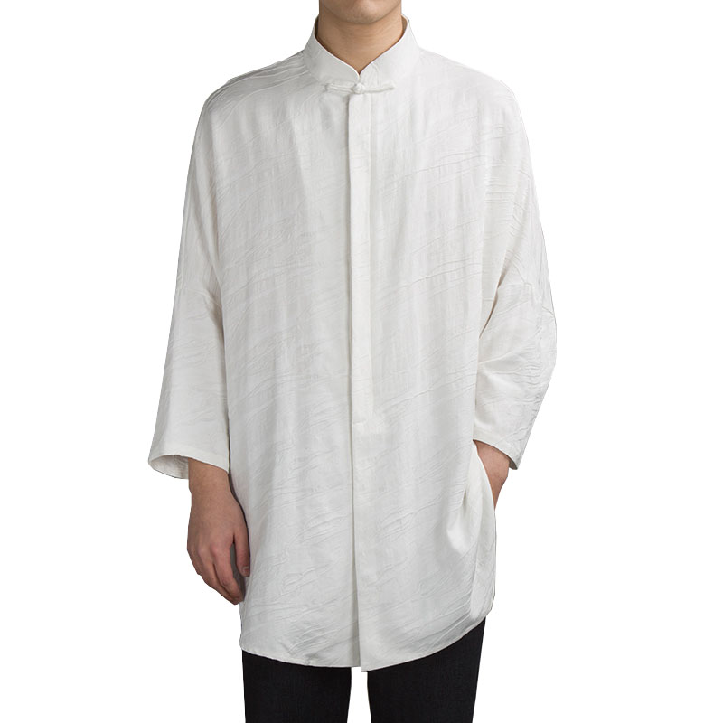 

2018 Chinese style linen men's jacquard long section men's long sleeve lining Arab casual shirt high quality brand dress shirt, Black