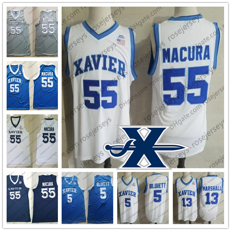 

Custom Xavier Musketeers 2020 Basketball #13 Naji Marshall 4 Tyrique Jones 55 JP Macura 1 Paul Scruggs White Bue Men Youth Kid Jersey, White with royal blue