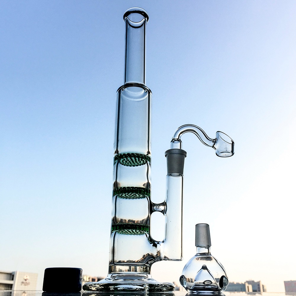 

Hot Sale Cool Design Hookahs Glass Bong 3 Layers Honeycomb Percolater Bongs Water Pipe With Straight Tube Smoking Oil Dab Rigs With Banger