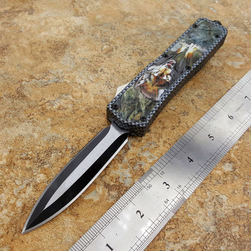 

2 style color A07 automatic knife from Wolf pattern/carbon fiber pattern black pocket clip camping cutting tool folding pocket knife