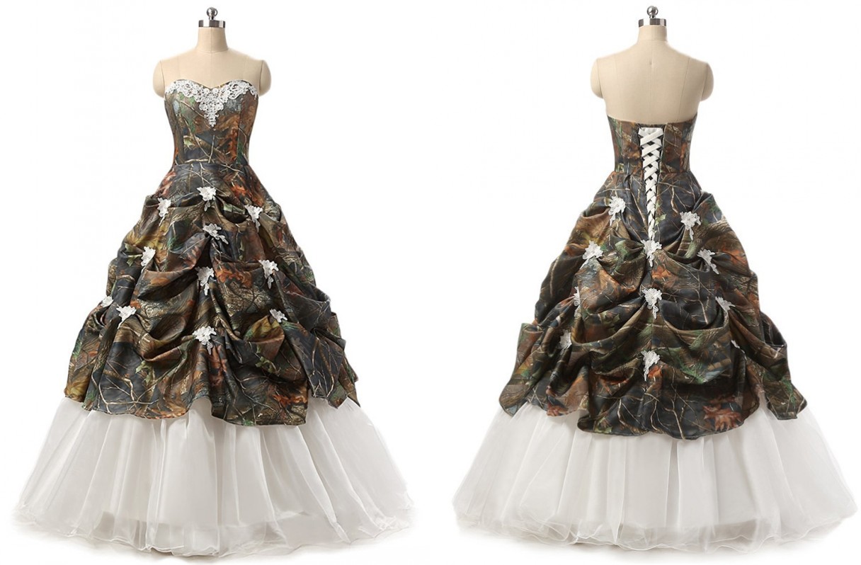 

Romantic Camo Wedding Dress Ruffles Flowers Long 2018 Cheap Designer Sweetheart Applique Floor Length Corset Back Bridal Gowns Plus size, Champagne