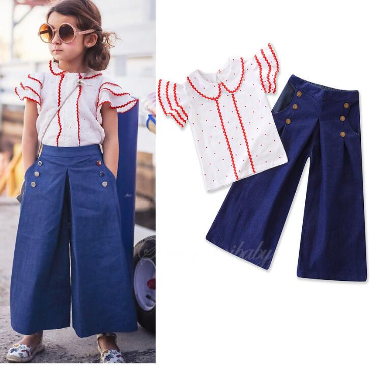 

New Baby Girls Clothes Set Kids Fly Sleeve Cotton Tops Tshirt + Loose Denim Jeans Pants 2pcs Girl Set Children Outfits 13447, As the picture