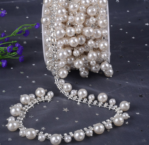 

New 1yard pearl tassel tapes glass Crystal flower Clear Glass Rhinestone Bridal Trim Fashion Chain Silver Belt Sash Bags Shoes