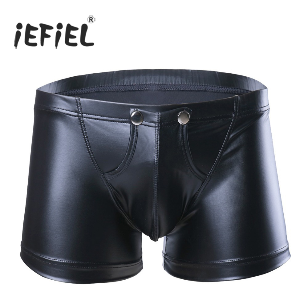 

iEFiEL Open Pouch With Hole Sexy Men Faux Leather Boxer Shorts Underwear Underpants Bulge Enhancer Gay Man Jockstraps Panties, As pic