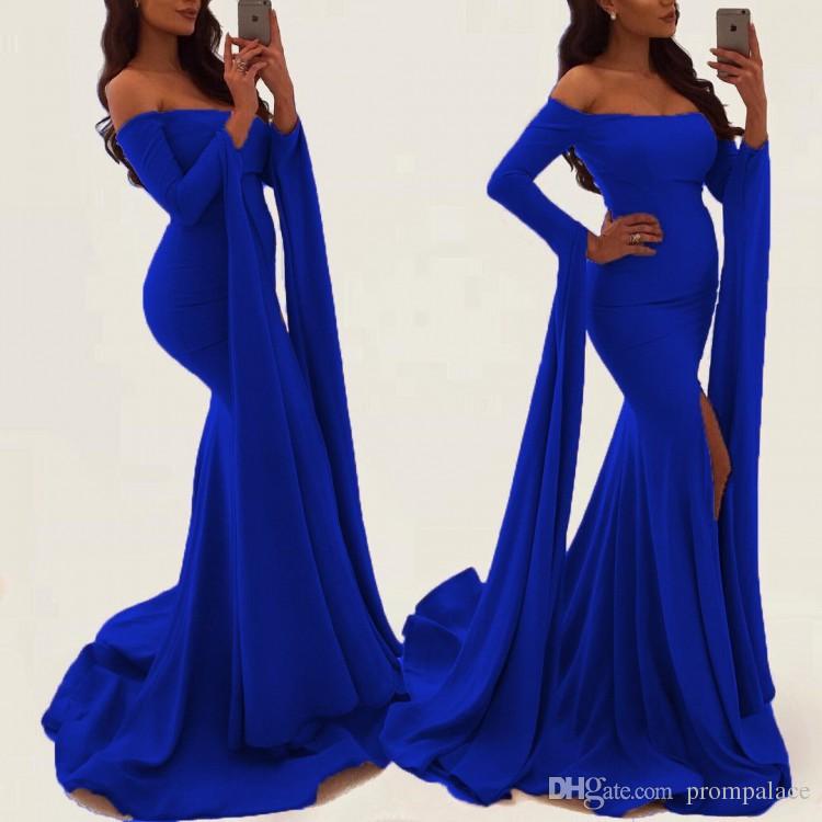 

Gray Royal Blue Black Girls Mermaid Prom Dresses Off Shoulder Long Sleeves Backless Formal Dress Evening Gowns vestidos de fiesta, Same as picture