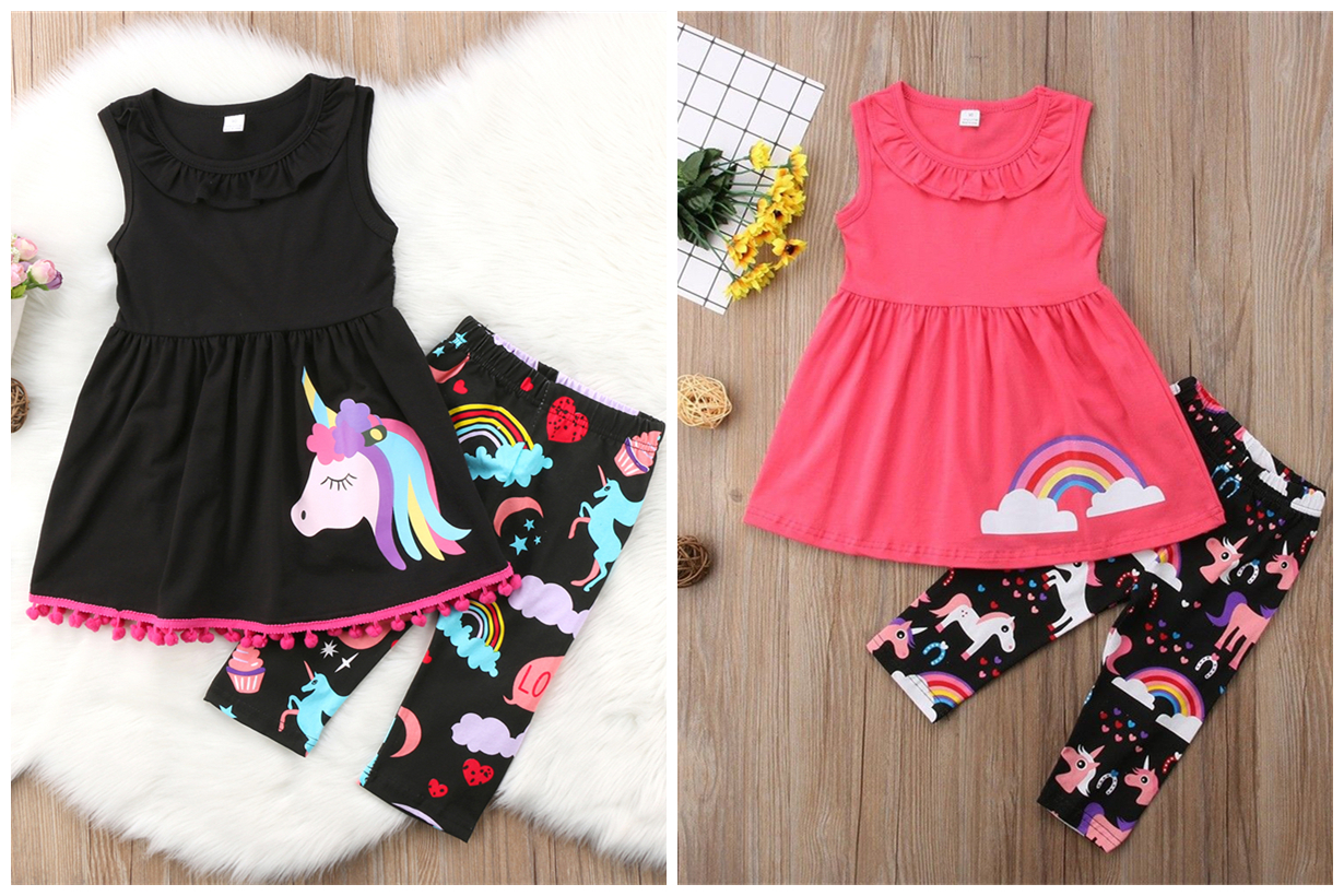 

2018 Unicorn Kids Baby Girls Outfits Clothes Vest Top+Long Pants 2PCS Set tassels colorful fancy kid clothing black pink two colors set, White