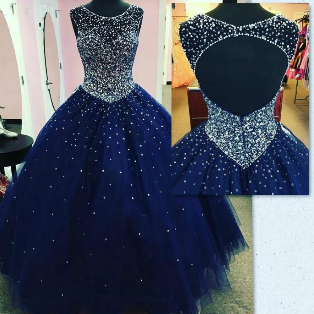 Dark Navy Blue Quinceanera Dress Backless Crystals Beaded Sequins Ball Gown Shiny 2019 Fashion Girls Debutante Dress Custom Made