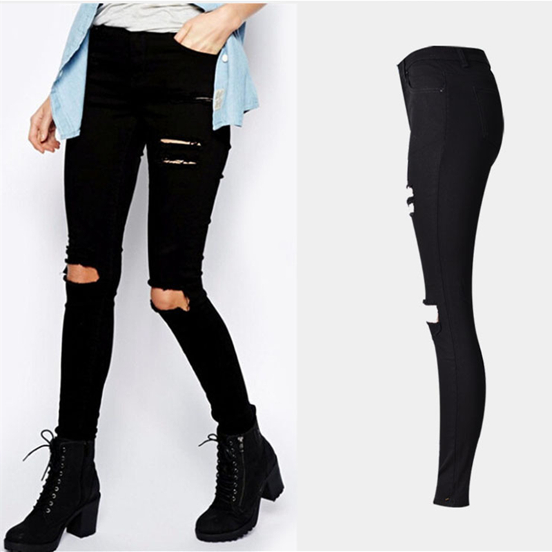 

2016 New Fashion black Hole jeans woman ripped jeans for women mujer femme denim jean pants Scratched pantalones feminino, As pic