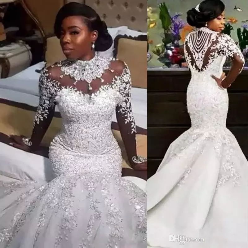 

Luxurious Crystal Mermaid Wedding Dresses Beading High-Neck Lace Applique Long Sleeve Wedding Gowns Gorgeous Back Design Wedding Dress, Ivory