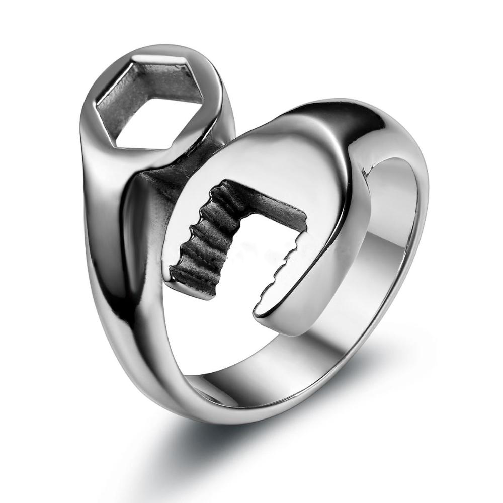 

New Fashion Cool Biker Mechanic Wrench Stainless Steel Mens Ring Punk Style Rings for men Size 8-13 anel masculino Man Jewelry, Silver