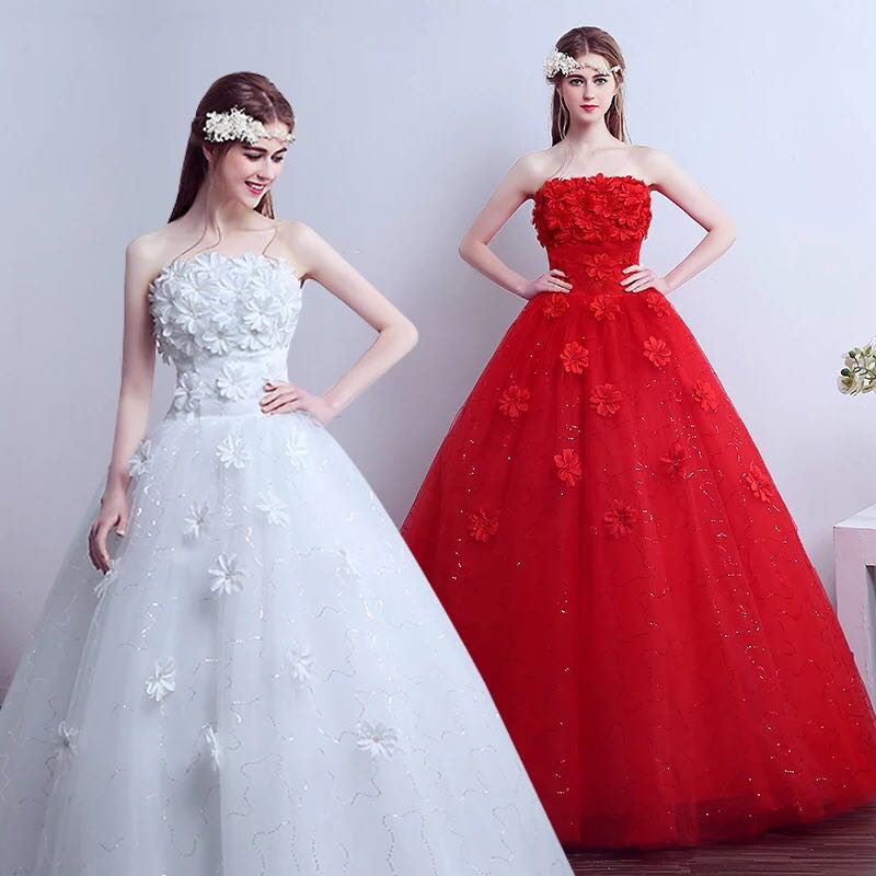 

Luxury Crystal Pearls lace 3D flower Sweetheart White Ivory Red Champagne Fashion Sexy Wedding Dresses brides plus size