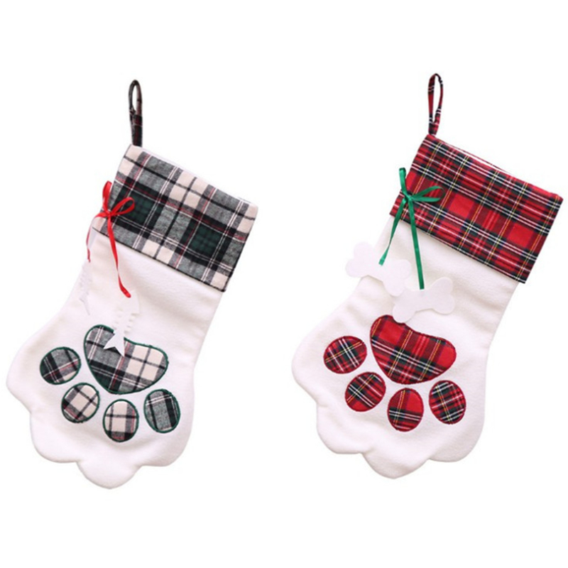 

Dog Paw Plaid Gift Bag Pet Christmas Stocking Animal Christmas Stocking for Kids Candy Bag Gifts Christmas Indoor Decor
