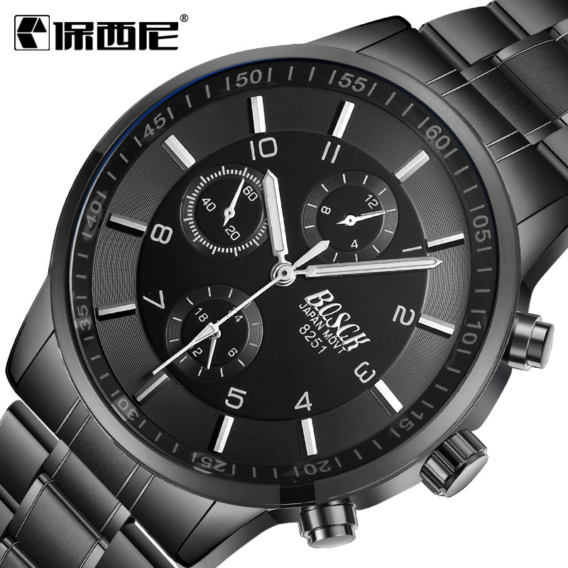 

Korean version of ultra-thin men's black gold strip sports night light waterproof three eyes six Pin Black Watch