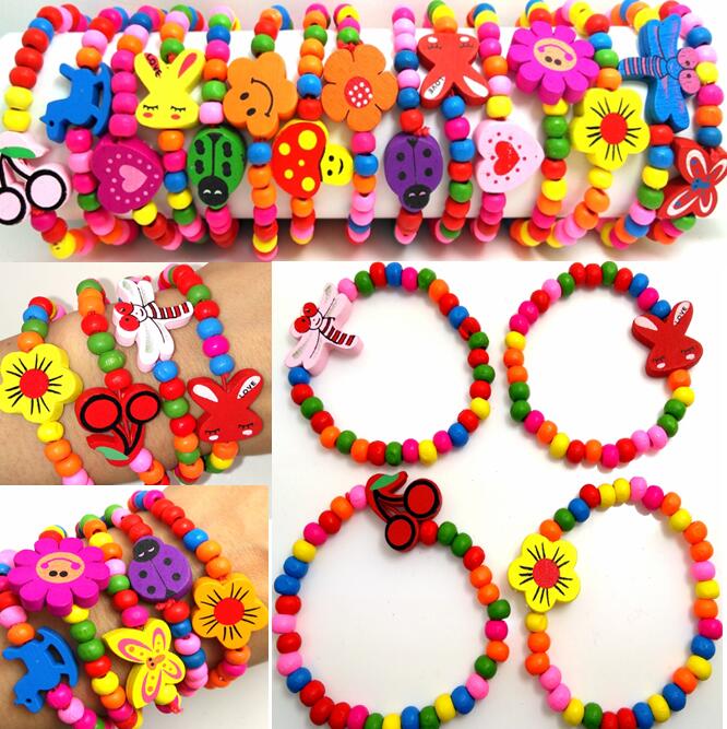 

100pcs Girls Natural Wood Beaded Bracelets Styles Mix Children Wooden Wristbands Child Party Bag Fillers Birthday Gift Wholesale Jewelry