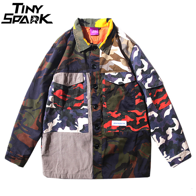 Hommes Camouflage Vestes Hip Hop Vintage Camo Couleur Bloc Patchwork Veste Streetwear Casual Bomber Veste De Mode Automne 2018