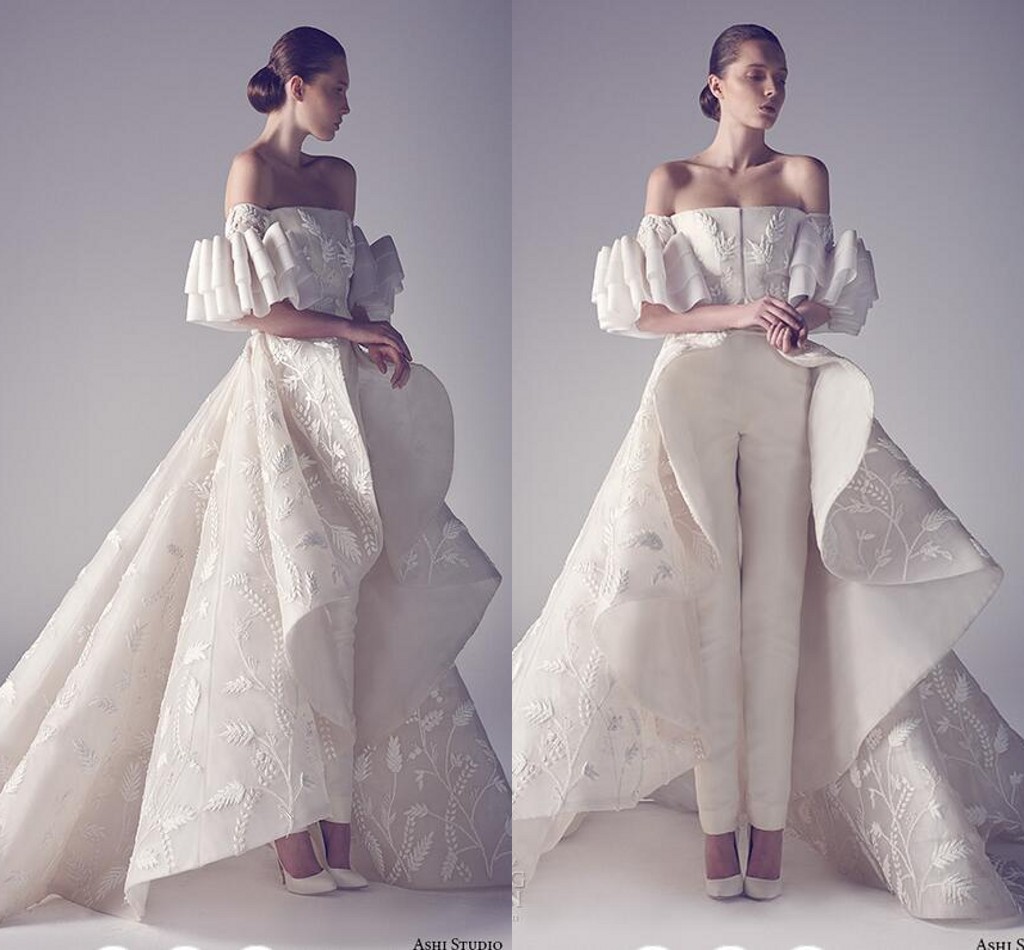 

2018 Ashi Studio Wedding Jumpsuit With Train Luxury Lace Floral Dubai Arabic Off Shoulder Ruffles Puffy Skirt Bridal Jumpsuit Gown, Black