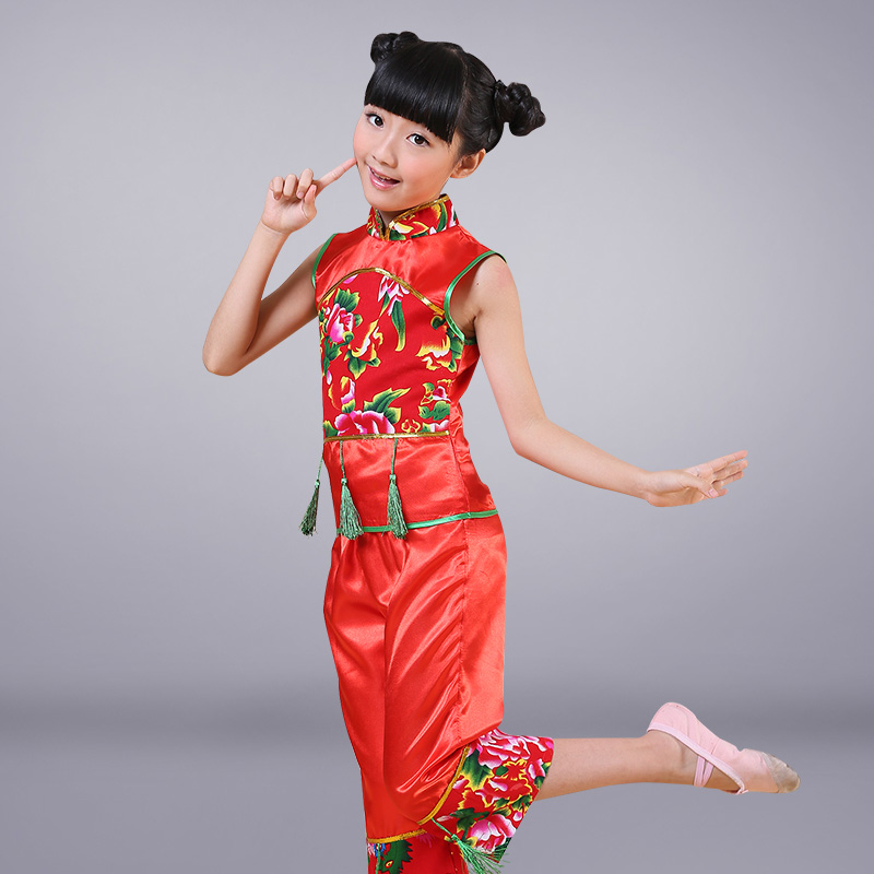 

Children's Day Chinese costume Han Younger girls dance clothing Kids festive folk dance clothes, Red long sleeved