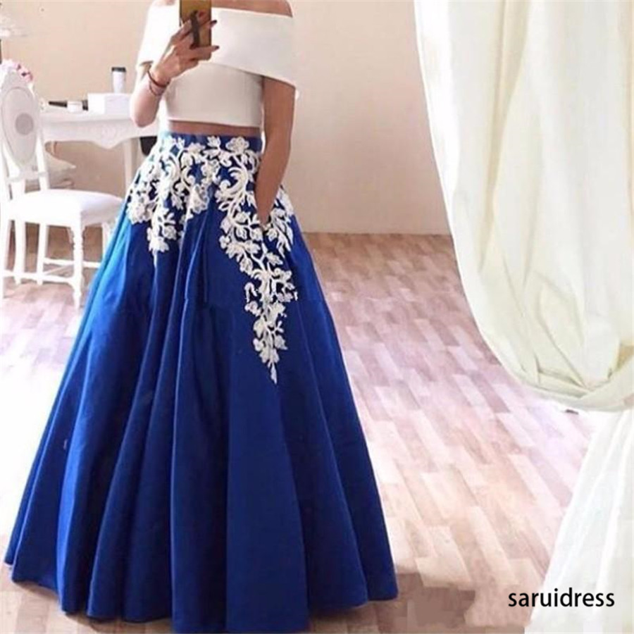 Elegant Royal Blue Party Gown Two Piece Lace Appliqued Prom Dresses Arabic Off Shoulder A-Line Floor Length Evening Dresses Robe De Soirees