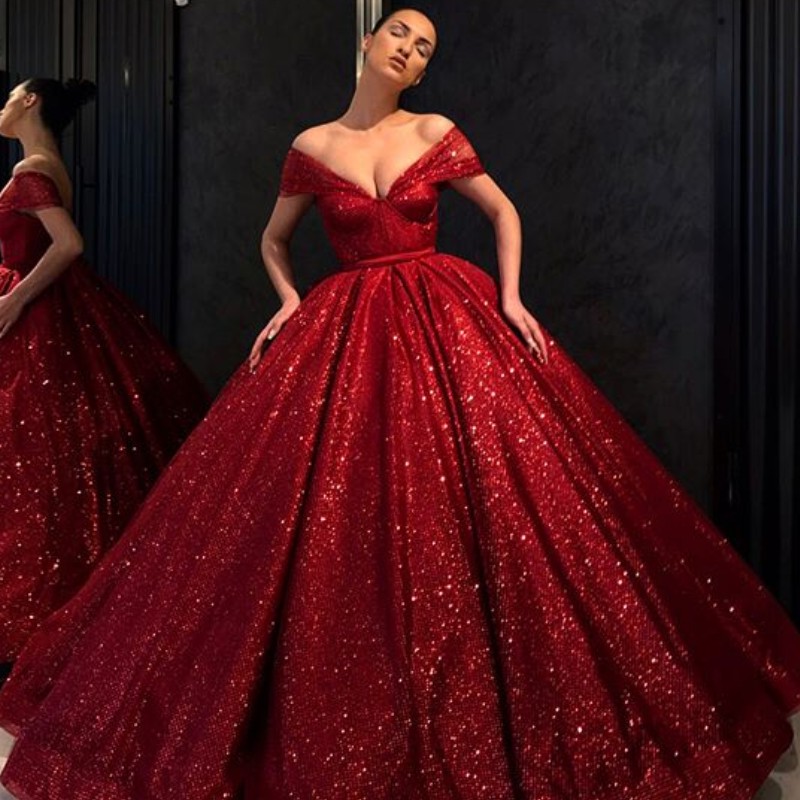 

Sparkly Red Sequins Prom Dresses Glamorous Off Shoulder Sleeveless Zipper Back Party Dresses Fashion Fluffy Dubai Celebrity Evening Dress, Gold