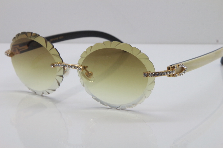 

New Diamond T8200761 Sun Glasses Oval Lens 3.0 Black Mix White Buffalo Horn Sunglasses Carved lens Vintage outdoors driving glasses
