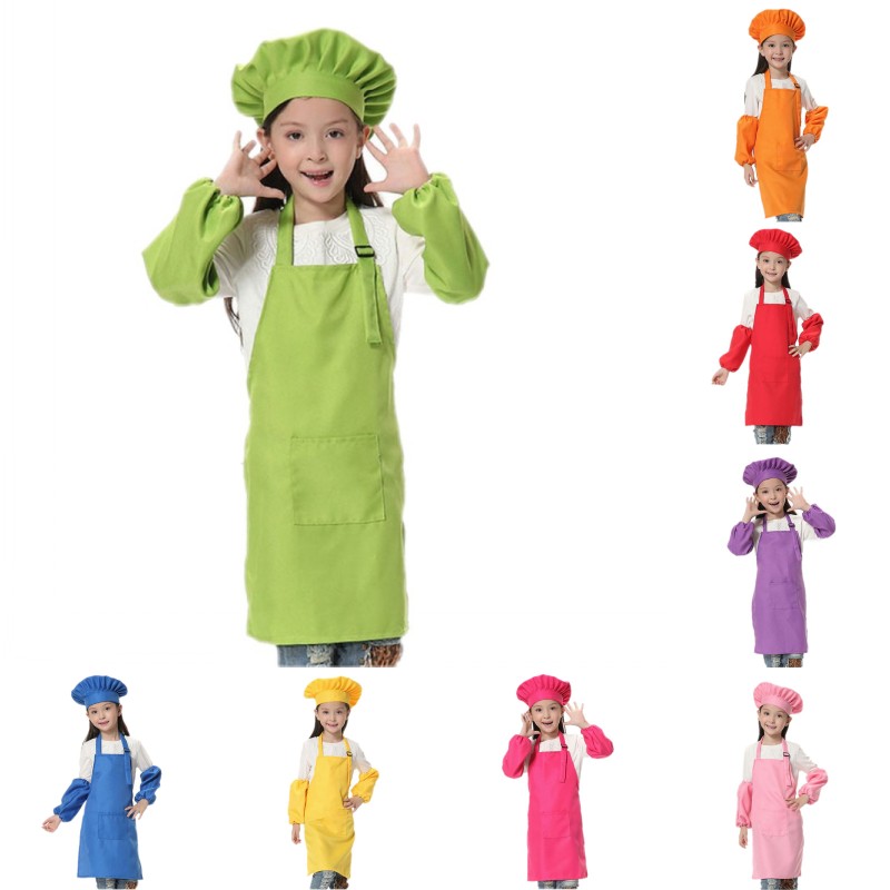 

3pcs/set Children Kitchen Waists 12 Colors Kids Aprons with Sleeve and Chef Hats for Painting Cooking Baking