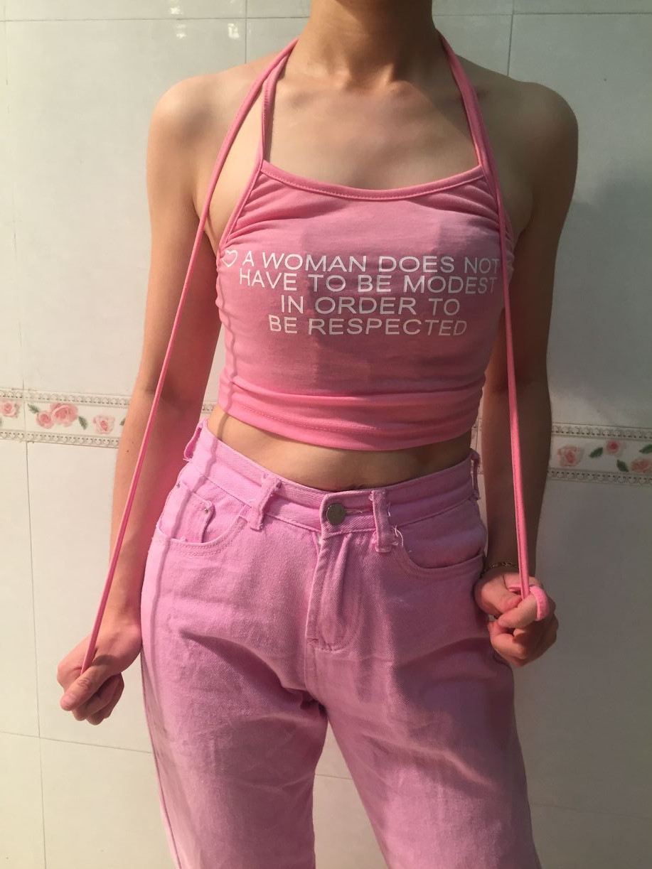 

Funny Letter Print Halter Pink Short Camis Bustier Crop Top Women Cropped Off Shoulder Strap summer Sleeveless Tee High Street Fashion Aesthetic Bodycon Tee