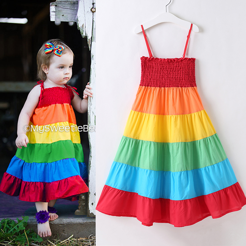 Bébés filles arc-en-ciel robes élastiques soutien-gorge jupes jarretelles coloré patchwork arc-en-ciel robe de plage été enfant en bas âge enfant