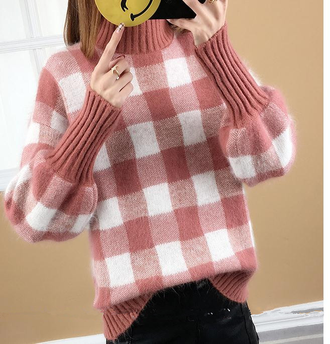 

send Autumn winter New Style Lantern Sleeve Sweater female thickened High collar Set head lattice loose and comfortable knitted coat, Blue
