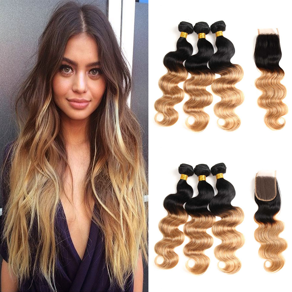 

T1B 27 Ombre Blonde Bundles With Lace Closure Body Wave Brazilian Ombre Hair Weave 3 Bundles With 4x4 Lace Closure Colored Hair Extension, Ombre color 1b/27