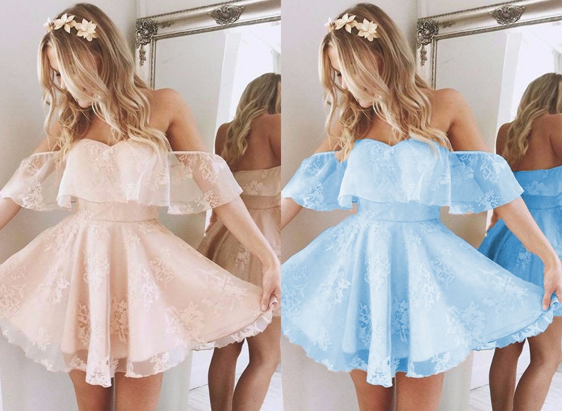 

2022 Light Coral Homecoming Party Dress Cheap Off the shoulder Lace Baby Blue Short Sleeves A line Prom Graduation Dress Gowns New, Lavender